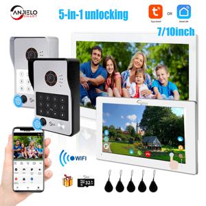 투야 비디오 인터콤 도어폰 터치 스크린, 4 선 시스템 도어폰 카메라, IP65 비밀번호 지문 카드 스와이프, 7/10 인치