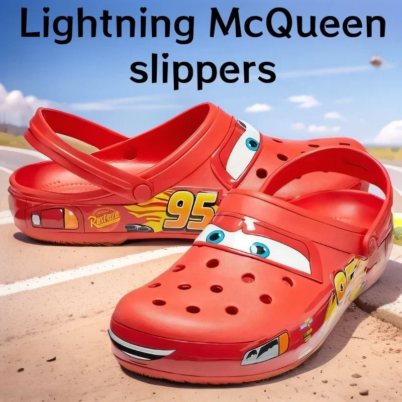 Lightning Mcqueen 신발 만화 슬리퍼 남성 야외 해변 구멍 신발 샌들 캐주얼 발목 랩 Eva 자동차 플립 플롭