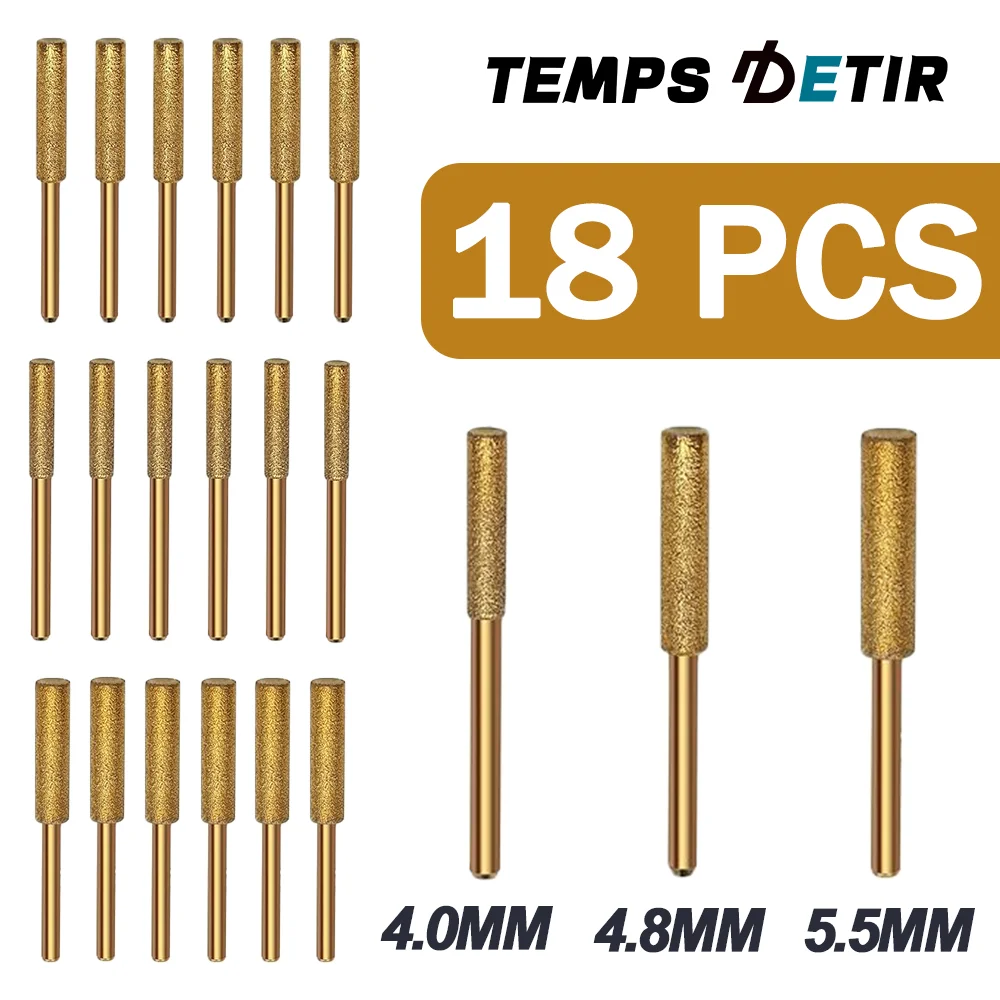 18피스 체인 그라인딩 헤드, 다이아몬드 티타늄 코팅 원통형 파일 체인 톱 그라인딩 휠, 4mm/4.8mm/5.5mm 연삭 도구 세트, 휴대용 버 스톤 파일, 가스 톱/석재/보석/목재용 전기톱 샤프너