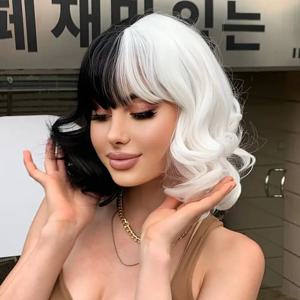 크루엘라 흑백 컬러 웨이브 중간 길이 머리 12인치 앞머리 포함 코스프레 할로윈 파티 데일리웨어