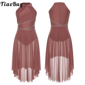 여자 현대 서정적 댄스 복장 높은-낮은 얇은 명주 그물 라인 석 발레 체조 레오타드 피겨 스케이팅 공연 의상