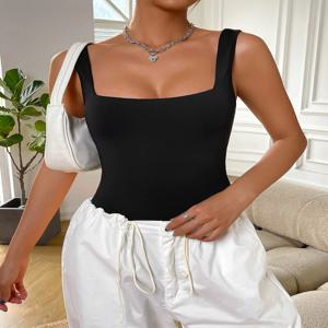 유럽과 미국의 심플한 스퀘어 칼라 타이트 섹시 솔리드 컬러 봄 여름 민소매 onesie