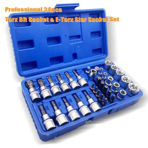 전문가용 34pcs 토르크 비트 소켓 & E-토르크 스타 소켓 세트 1/4인치 3/8인치 1/2인치 드라이브 남성용 여성용 E-토르크 비트 휴대용 공구 케이스 포함
