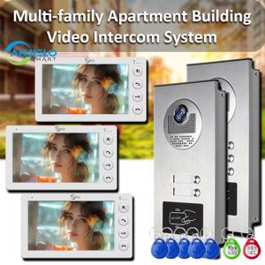ANJIELO 2-3 유닛 멀티 아파트 인터콤 시스템 비디오 도어벨 RFID 카드 잠금 해제 7인치 4선 비디오 도어폰 인터폰