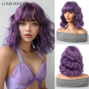 루이 페레 짧은 물결 모양의 보라색 합성 가발 여성용 천연 헤어 코스프레 가발 (Bangs 포함) 일일 파티 내열성 섬유 가발