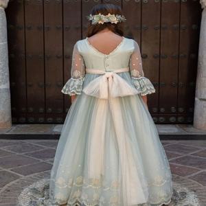 프린세스 블루 플라워 걸 원피스 레이스 꽃 리본 벨트, 브리데미니 프릴 엣지 폴드, 결혼식 첫 성찬식 무도회 가운