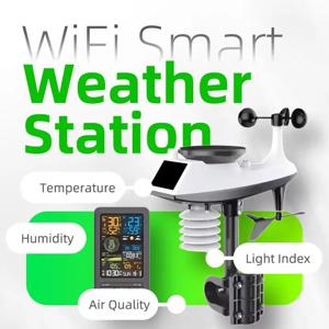 와이파이 스마트 기상 관측소 스마트 홈 디지털 온도계, 센서 포함, 온도 습도, 날짜, 빛 지수, 공기 질 모니터
