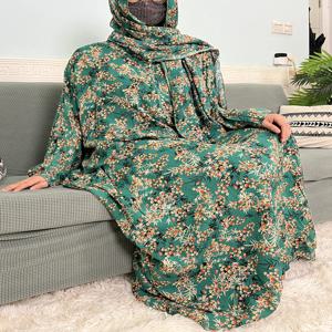 여성을위한 이슬람 면화 abayas 전통적인 꽃 라마단기도 의류 아프리카 caftan marocain femme 가운 연결 머리 스카프