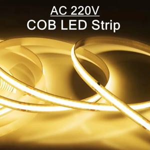 1-5m 220V 유연한 테이프 조명 COB LED 스트립 조명 스마트 IC 필요 없음 드라이버 고휘도 240 LED 선형 조명 RA95 따뜻한 흰색