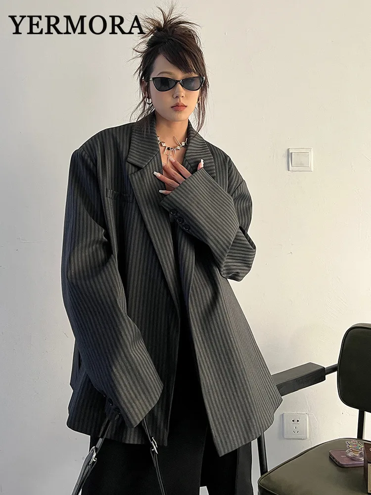 YERMORA 그레이 스트라이프 빈티지 블레이저 여성용 라펠 긴 소매 패션 루즈핏 기본 재킷 봄 가을 2025 신상 A52