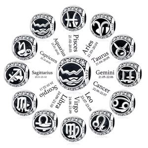 원래 925 실버 12 별자리 레오 양자리 처녀 자리 라운드 매력 비즈 맞는 Qikaola 팔찌 DIY 생일 쥬얼리 선물