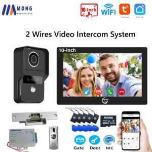 10 인치 Tuya 스마트 와이파이 비디오 인터콤 초인종 전기 스트라이크 잠금 장치 1080P 2 전선 비디오 도어 폰 시스템 가정용 무선