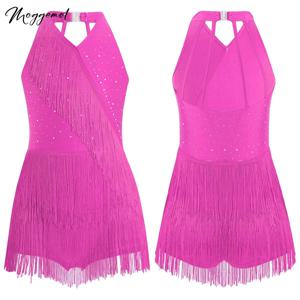 키즈 소녀 라틴 댄스 차차 삼바 살사 의상 라인 석 프린지 레오타드 드레스 민소매 스트랩 백 술 점프 슈트