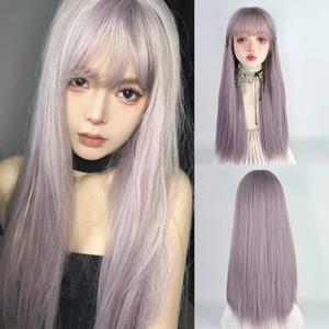 합성 긴 직선 회색 보라색 여성 가발과 앞머리 중간 부분 로리타 코스프레 푹신한 가발 일일 파티