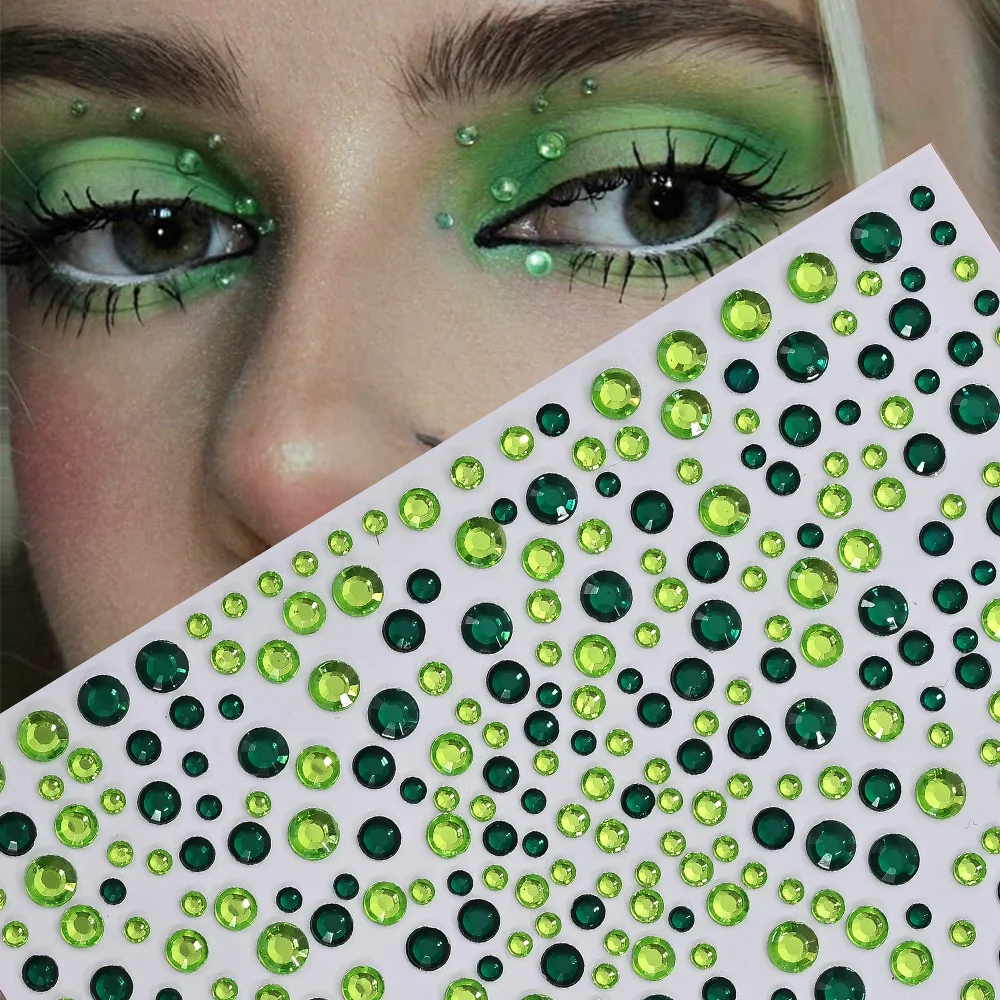 1Pcs 3D 에메랄드 그린 페이스 보석 문신 스티커 라운드 라인 석 파티 메이크업을위한 임시 문신 DIY 바디 다이아몬드 데칼 &