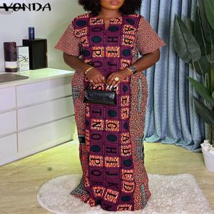 플러스 사이즈 5XL VONDA 여성 빈티지 드레스 프린트 여름 파티 선드레스 보헤미안 반팔 V넥 베스티도 캐주얼 오버사이즈 로브