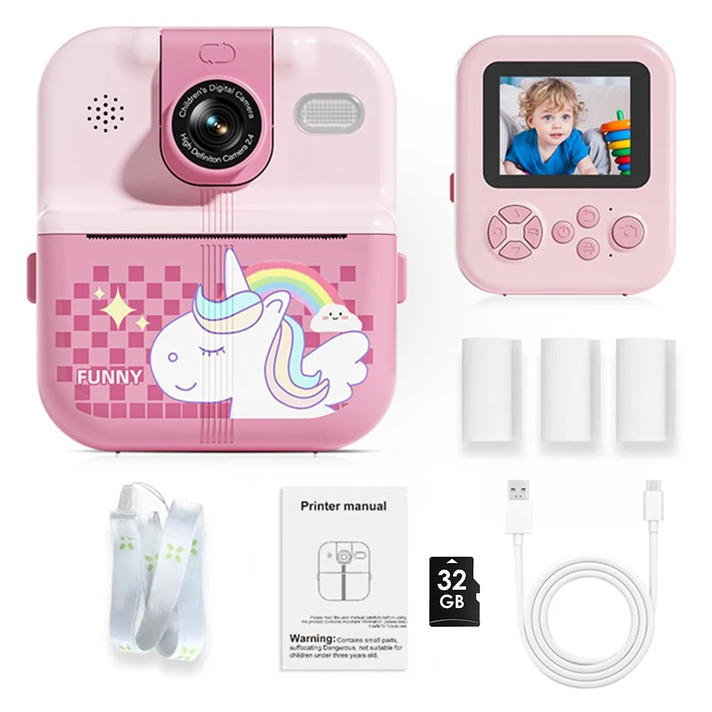 어린이 카메라 인스턴트 인쇄 블루투스 연결 사진 1080P HD 유아 카메라 소녀 소년 3-12 세 생일 크리스마스 선물
