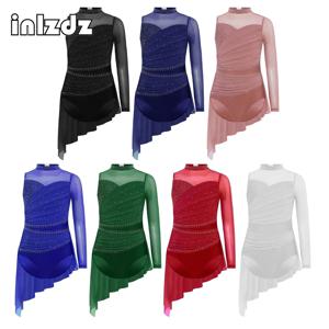 여자 발레 서정적 댄스 복장 피겨 스케이팅 공연 의상 라인 석 셔링 메쉬 오버레이 비대칭 스커트 레오타드