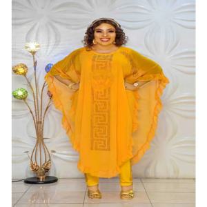 아프리칸 플러스 사이즈 쉬폰 미디움 기장 쓰리피스 수트 초극세사 파이브 슬리브 플라이 슬리브 쉬폰 스커트 세트