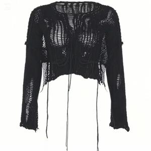 Y2K 크롭 홀 스웨터 섹시 갸루 홀터 니트 풀오버 고스 한국 롱 슬리브 점퍼 여름 패션 시스루 니트웨어 탑