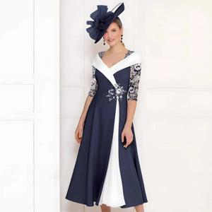 맞춤형 웨딩 게스트 드레스 A라인 V넥 신부 어머니 드레스 네이비 블루 아플리케 대비 색상 정장 가운 미디