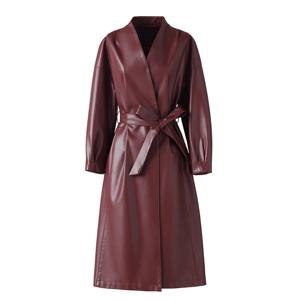 신상품 여성 스플릿 가죽 코트 봄 가을 패션 브이넥 롱 슬리브 레이스업 슬림 트렌치 캐주얼 롱 가죽 아우터 여성