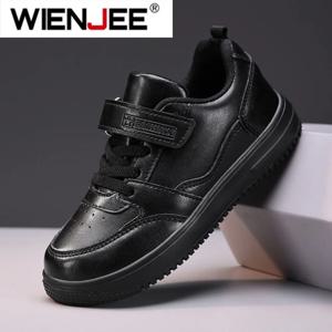 아동용 러닝화 남아 여아 경량 미끄럼 방지 스니커즈, 학교 스포츠, 워킹, 캐주얼 PU 가죽 테니스화, 블랙