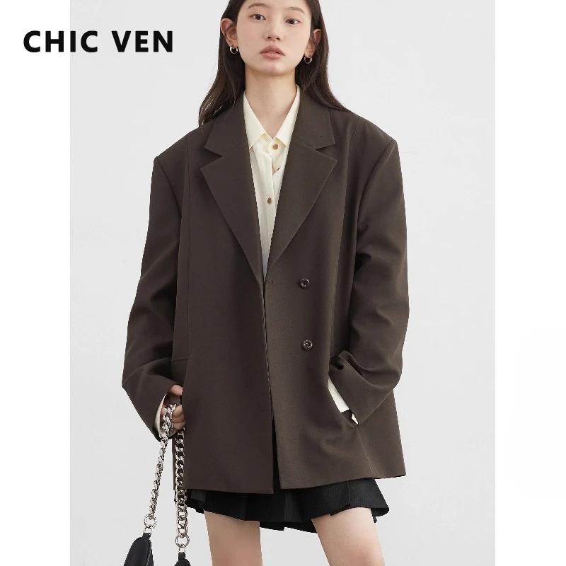 CHIC VEN 패션 여성 블레이저 코트 솔리드 긴 소매 싱글 브레스티드 루즈 캐주얼 오피스 레이디 수트 재킷 봄 가을 2025