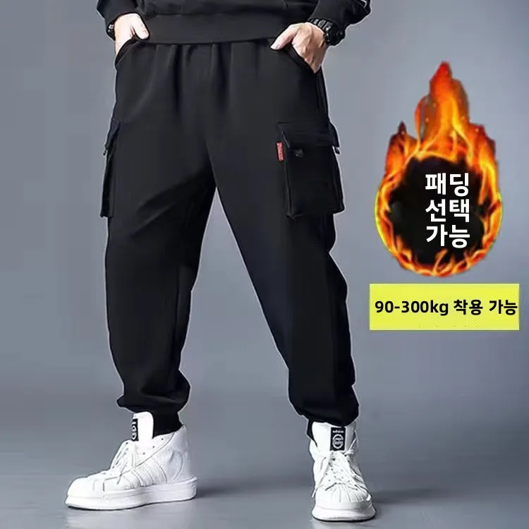 플러스 사이즈 남성용 플리스 안감 루즈핏 작업 바지 가을 겨울 캐주얼 스포츠 바지 트렌디 비즈니스 신사 스타일 롱 팬츠