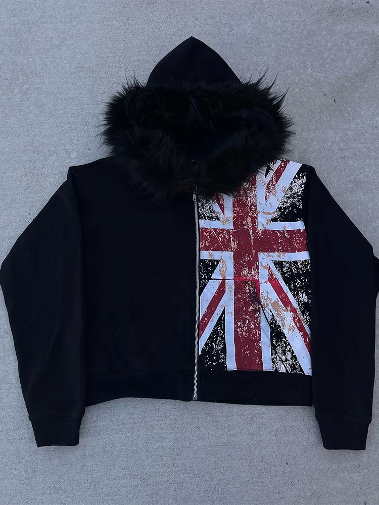 겨울 펑크 스타일 디스트레스드 유니온 후디 여성 패션 레트로 그런지 지퍼업 스웨트셔츠 스트리트웨어 오버사이즈 후드 2025 신상