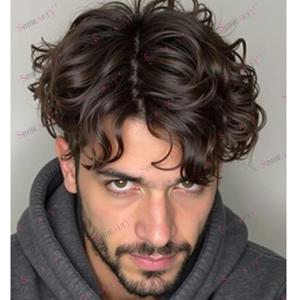 초강력 내구성 30mm 웨이브 남성 인모 가발 시스템 모발 6인치 길이 중간 갈색 최고급 저렴한 PU 베이스 남성 부분 가발