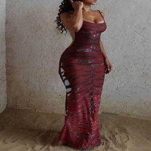 Nibber Tiger Stripe 인쇄 백리스 Maxi 원피스 여성 민소매 섹시한 스키니 클럽웨어 스트레치 타이트 비치 휴가 슬림 베스티도