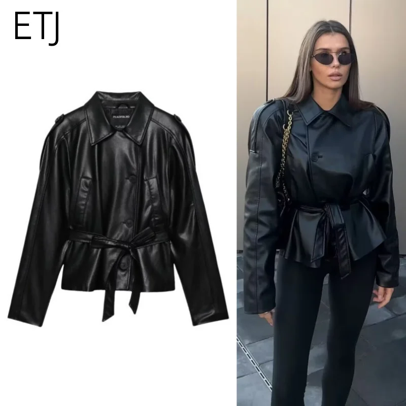 2025년 가을 신상 여성 패션 벨트 인조 가죽 긴팔 숏 트렌치코트 캐주얼 가죽 코트