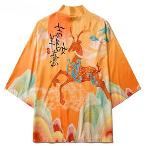 중국 스타일 아시아 의류 시카 사슴 프린트 셔츠 일본 기모노 하라주쿠 유카타 여성 남성 카디건 코스프레 비치 탑