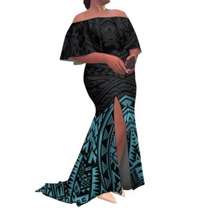 세금 면제 고품질 맞춤 프린트 슬릿 플리츠 롱 드레스 폴리네시아 부족 여성 러플 오프숄더 피쉬테일 드레스