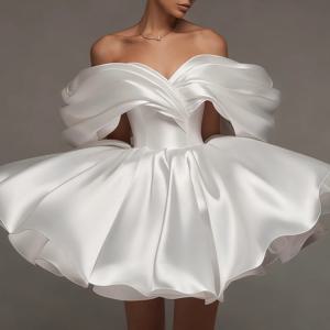 우아한 퍼프 숏 웨딩드레스 A라인 새틴 오프숄더 브라이덜 파티 가운 미니 백리스 볼 가운 여성용 베스티도스 노비아