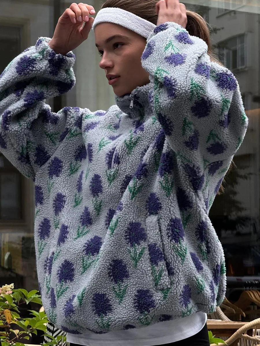 Bornladies 여성용 가을 겨울 신상 플리스 자카드 스웨트셔츠 하프 집업 루즈 후디 하이넥 스웨트셔츠