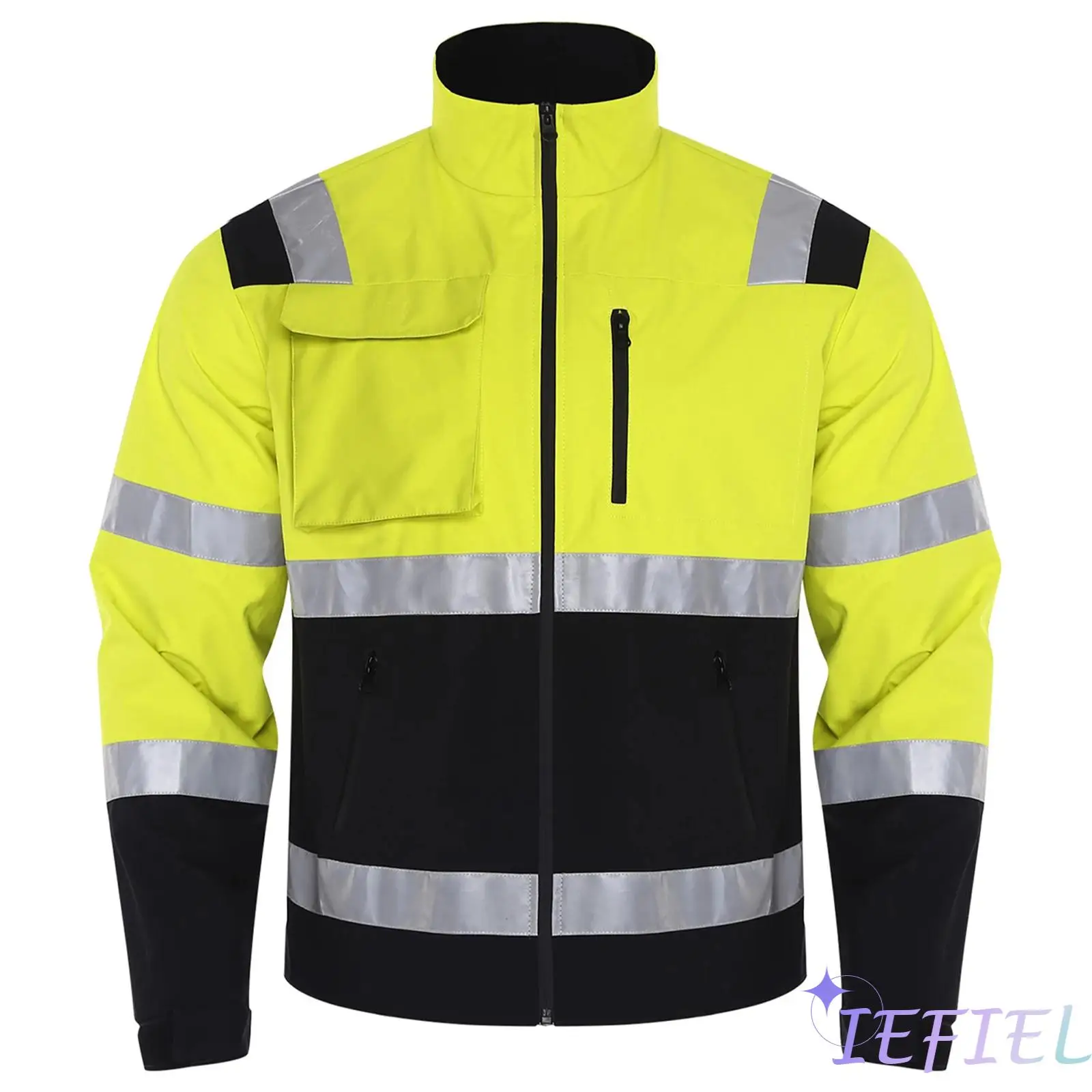남성용 고시인성 반사 스트립 재킷 방수 아우터웨어 코트 스탠드 칼라 긴팔 지퍼 작업복 포켓 포함