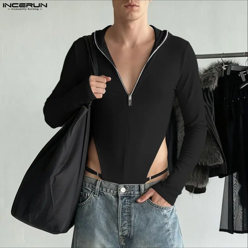 INCERUN 남성 바디수트 솔리드 컬러 니트 후드 긴 소매 플레이수트 남성 스트리트웨어 롬퍼 지퍼 패션 캐주얼 바디수트 남성