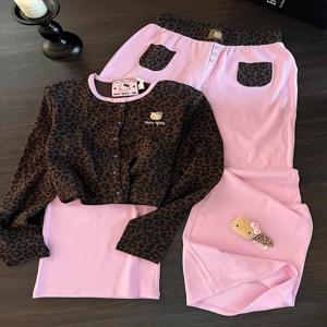 달콤하고 시원한 레오파드 프린트 긴팔 키티 캣 잠옷 여성 플러스 사이즈 바지 홈웨어 편안하고 부드러운 라운드 넥 버튼