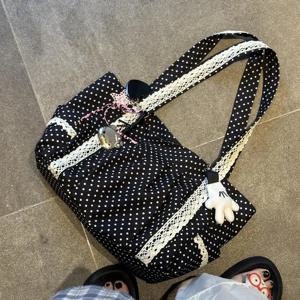 여성을위한 한국어 폴카 도트 숄더 백 레트로 패션 대용량 토트 백 문학 작업 통근 다목적 캔버스 핸드백