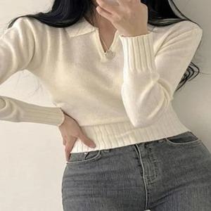 회색 브이넥 폴로 니트 기본 셔츠 여성용 가을 겨울 슬림 핏 짧은 디자인 캐시미어 포켓 스카프 이너웨어 탑