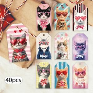 40개 고양이 안경 장식 태그, 귀여운 미적 선물 라벨, 파티 장식, 수제 포장 액센트, 카드, 다채로운 끈
