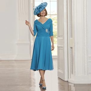 여성용 시폰 브이넥 파티 원피스, 로열 블루 신부 드레스, A라인 미디 웨딩 하객 가운, 2023