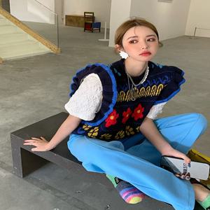 세련된 니트 민소매 스웨터 베스트 여성 가을 스타일 2025 신상품 한국 스타일 라운드넥 플랜트 플로럴 패턴