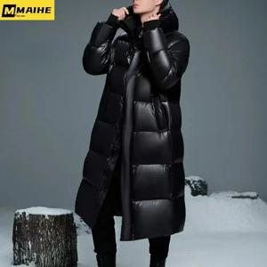 구스 다운 두꺼운 다운 재킷 남성용 2024 겨울 블랙 롱 후드 캐주얼 코트 여성용 패션 가디건 눈 방한 남성용 재킷