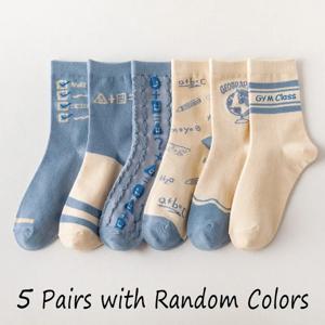 여성용 봄 사계절 귀여운 S스트라이프 문자 5쌍 젊고 아름답고 패셔너블하고 편안한 종아리 중간 양말