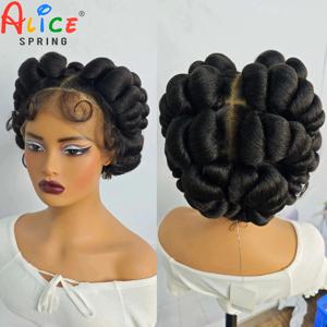 자연 색상 6 인치 투명 전체 레이스 땋은 가발 짧은 귀여운 수제 Bantu 합성 땋은 레이스 가발 Knotless Braids Wig