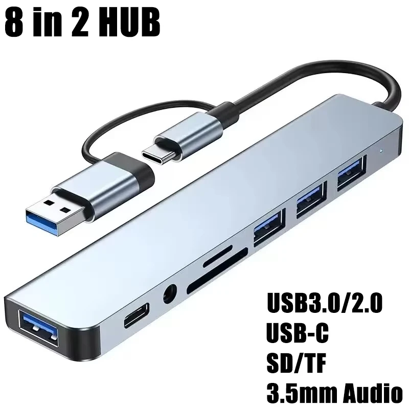 8 in 2 USB-C 허브 USB 스플리터 USB 익스텐더 4개의 USB 포트 1개의 USB-C 포트 TF/SD 카드 리더 오디오 출력 맥북 호환
