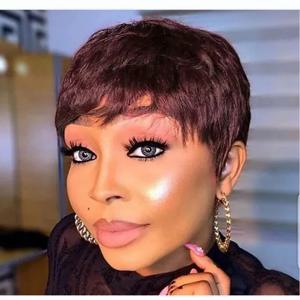 고급 버건디 99J 컬러 짧은 밥 레미 인모 가발, 앞머리 포함, 접착제 없는 픽시 컷, 풀 머신 제작 가발